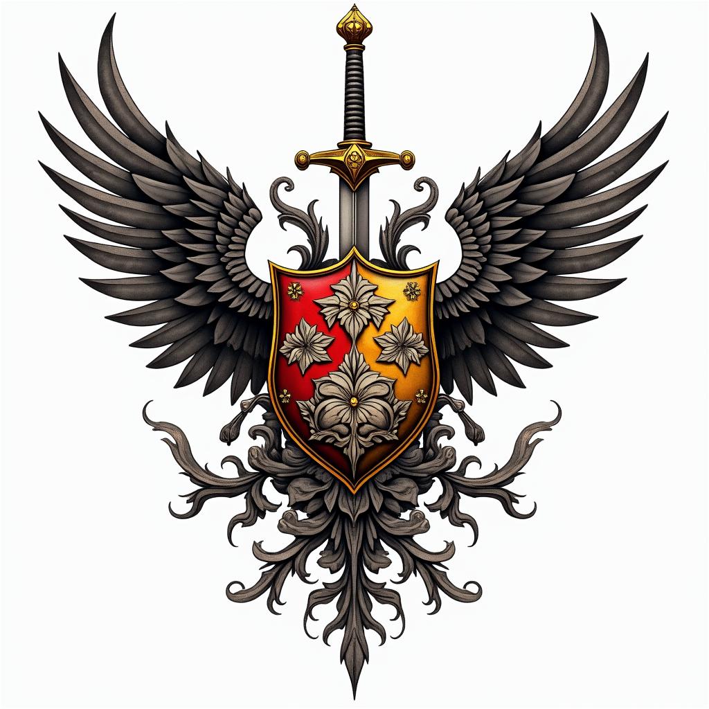 Crest, gold and red quadrants, knights helmet, wings, swordsin ornamental tattoo style, featuring intricate symmetrical patterns and floral designs, showcasing highly detailed line work and geometric shapes, creating a sense of elegance and balance - Variation 6