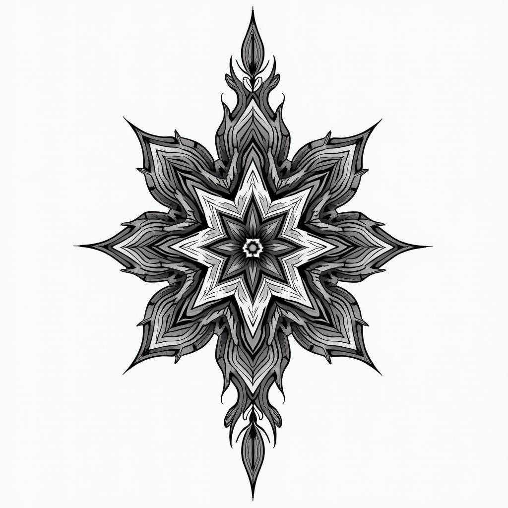 Girly pretty in geometric style tattoo, blending hexagons, mandala-inspired patterns, symmetrical and fractal design, clean lines, sharp angles