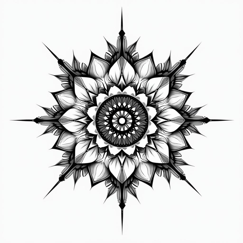 Girly pretty in geometric style tattoo, blending hexagons, mandala-inspired patterns, symmetrical and fractal design, clean lines, sharp angles - Variation 2