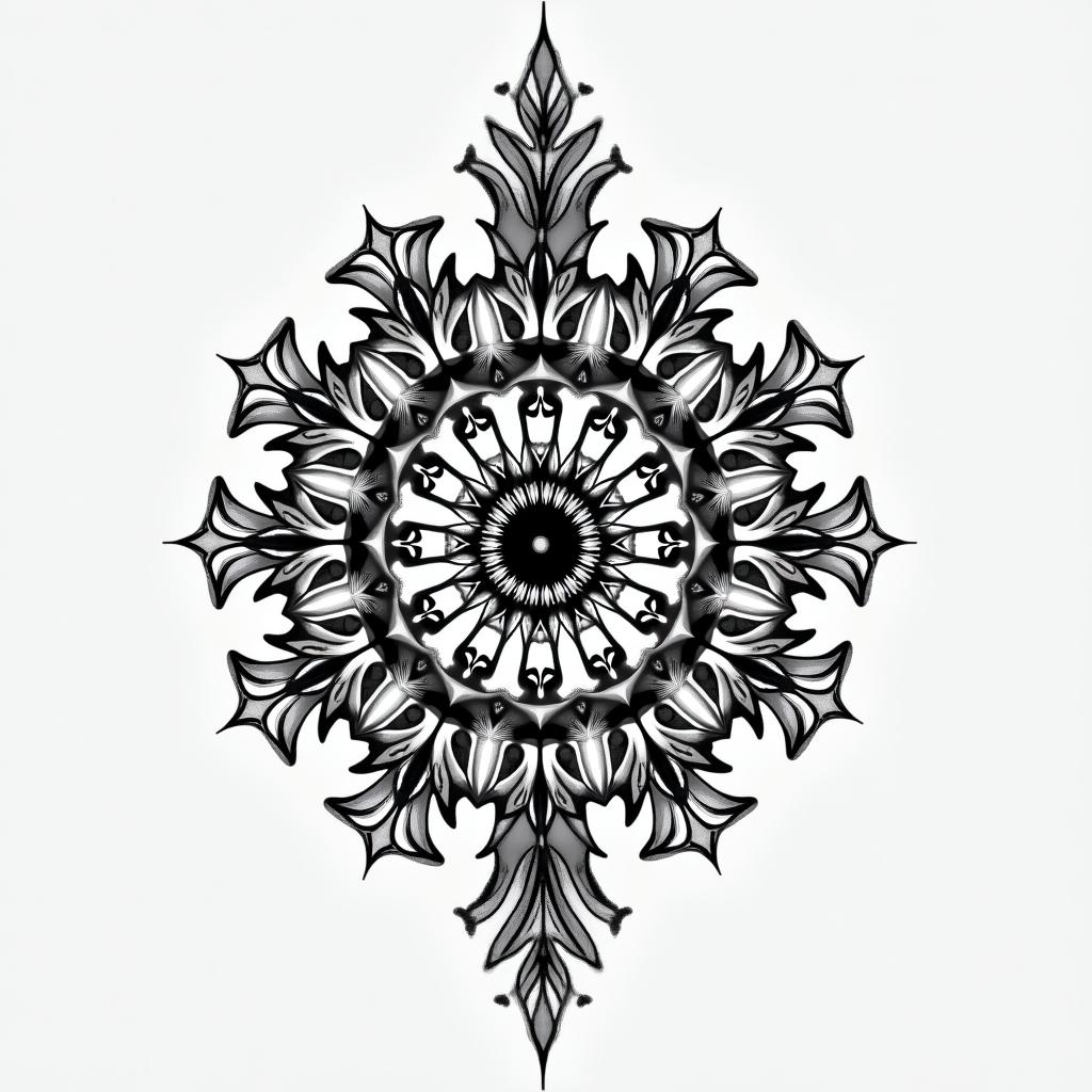 Girly pretty in geometric style tattoo, blending hexagons, mandala-inspired patterns, symmetrical and fractal design, clean lines, sharp angles - Variation 3