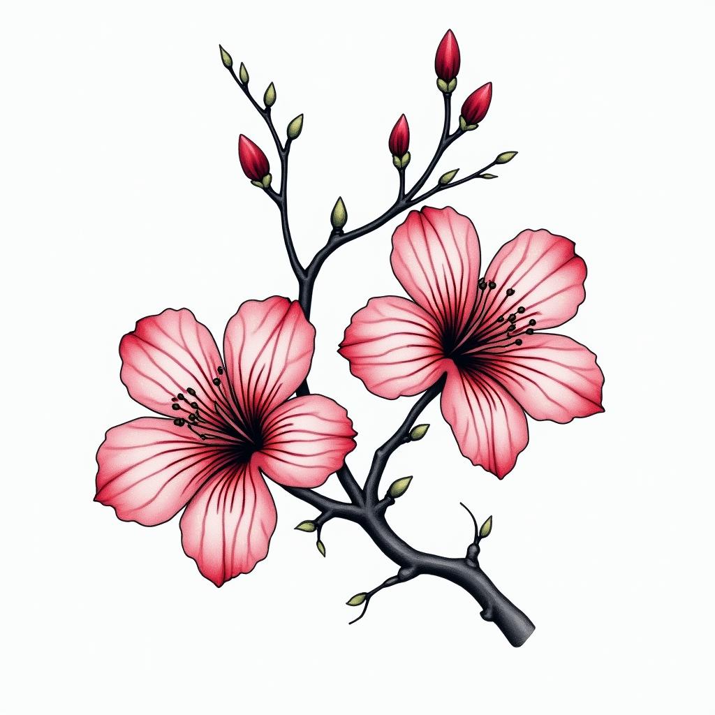 Two cherry blossomsin new school tattoo, pop culture, modern, detailed tattoo, illustrative - Variation 4