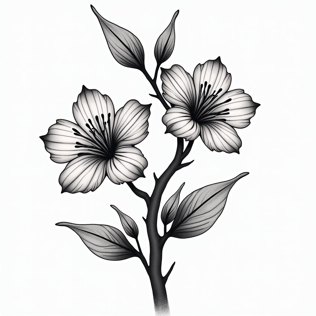 Two cherry blossomsin new school tattoo, pop culture, modern, detailed tattoo, illustrative - Variation 2