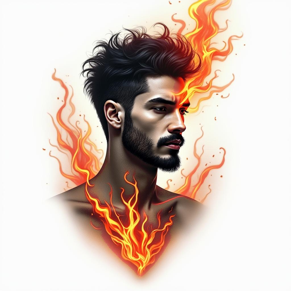 julian, scorpio, orlandoin flame tattoo style showcasing fiery elements with dynamic flame patterns, glowing effect of flames, natural colors