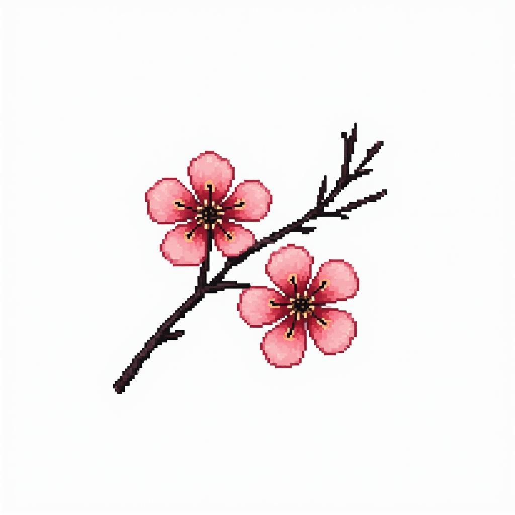 Two cherry blossomsin 8-bit tattoo style, minimalistic pixel style tattoo, pixel art with simplified shapes and retro gaming visuals, inspired by 8-bit pixel based detailing - Variation 2