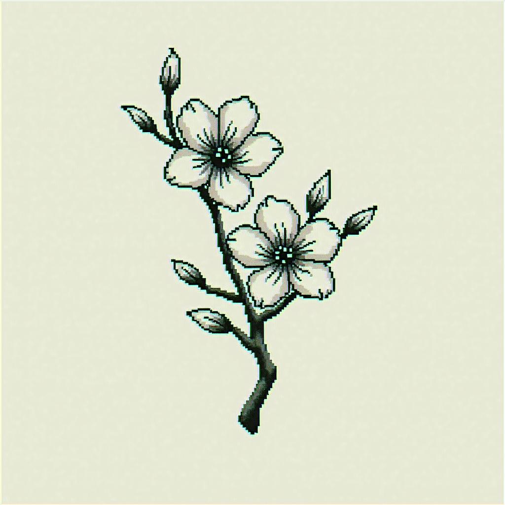 Two cherry blossomsin 8-bit tattoo style, minimalistic pixel style tattoo, pixel art with simplified shapes and retro gaming visuals, inspired by 8-bit pixel based detailing - Variation 4