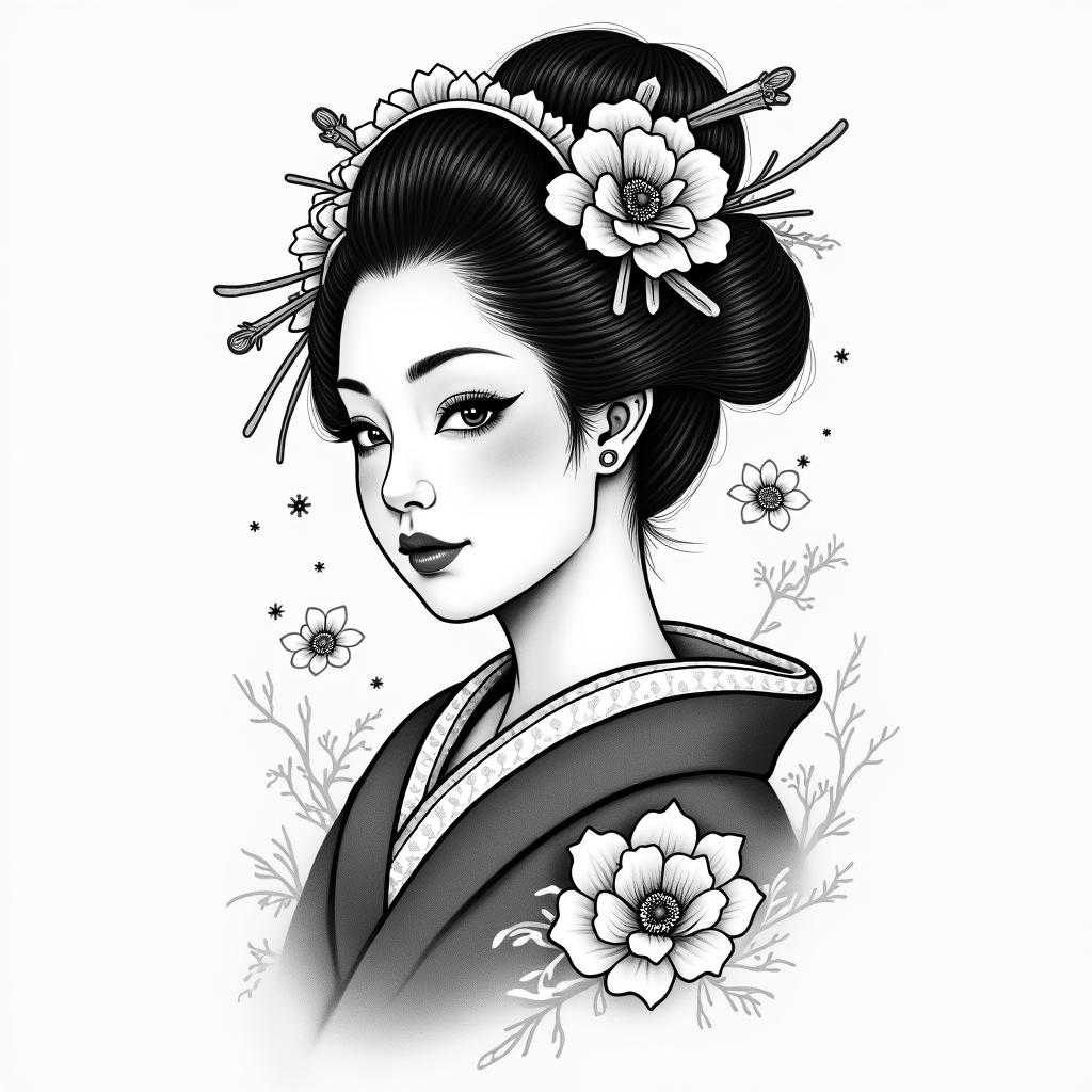 Geisha con peses koi y onis in japanese style tattoo, detailed tattoo, traditional japanese culture tattoo, mythology, 8k - Variation 2
