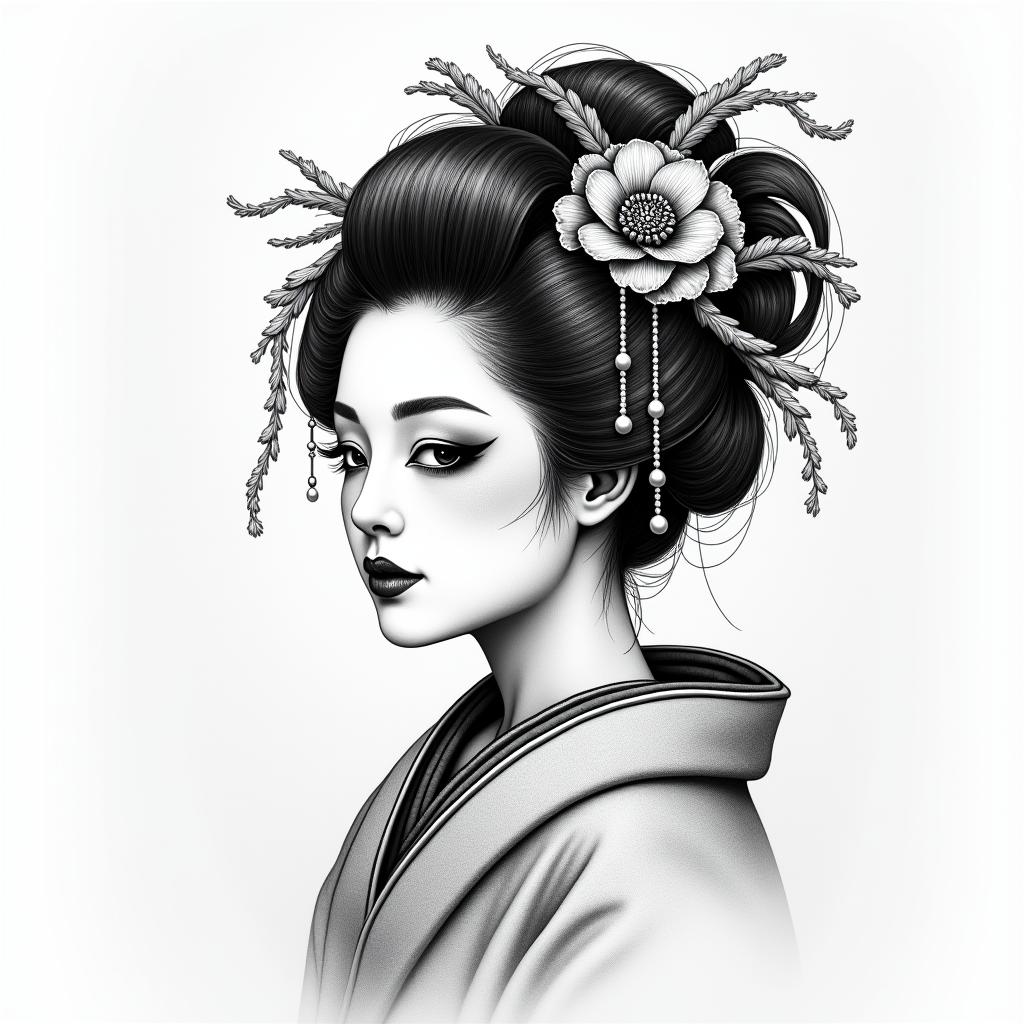 Geisha con peses koi y onis in japanese style tattoo, detailed tattoo, traditional japanese culture tattoo, mythology, 8k
