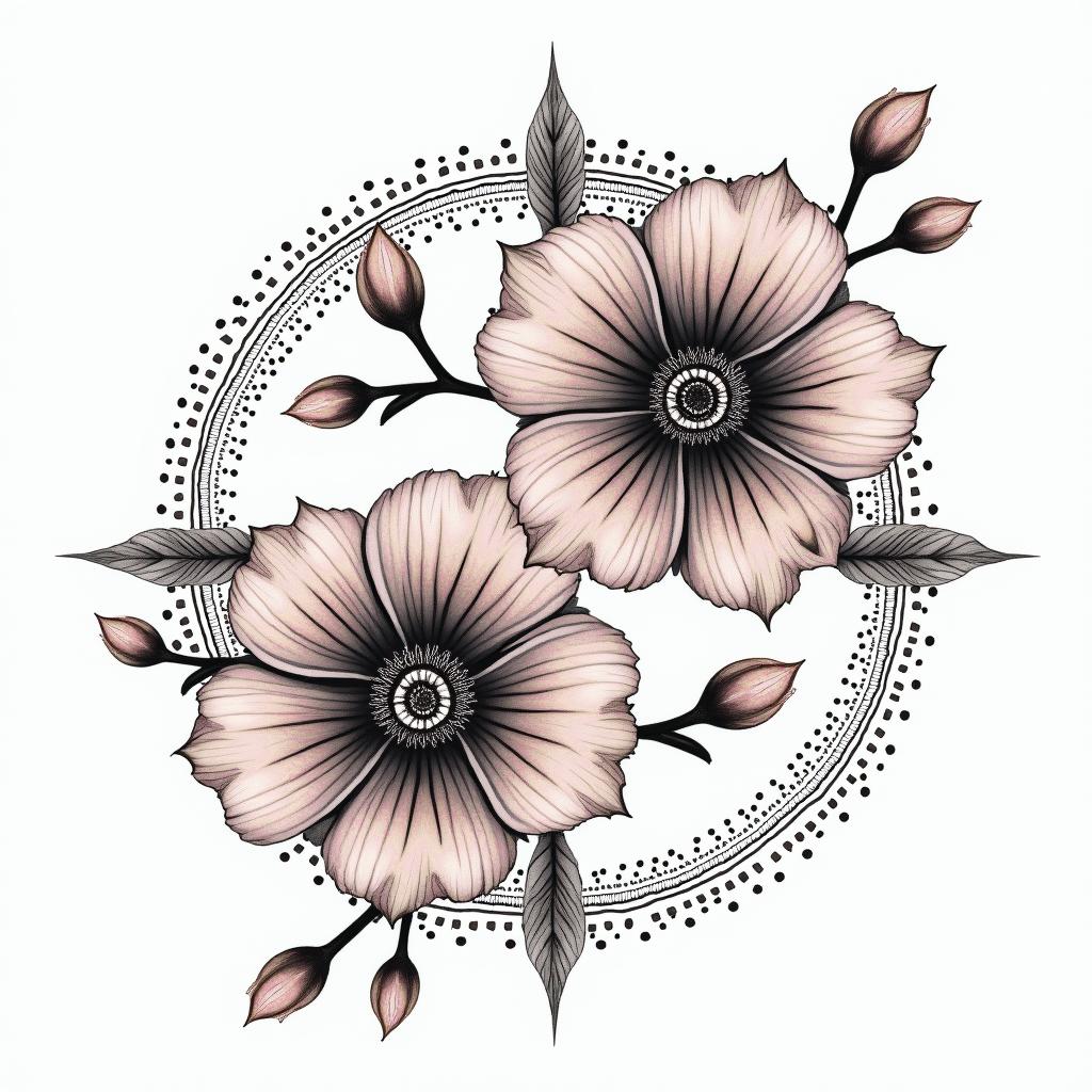 Two cherry blossomsin prophecy tattoo style, featuring mystical symbols, celestial imagery like stars, moons, suns, geometric patterns, foretelling elements, an eye of wisdom - Variation 4