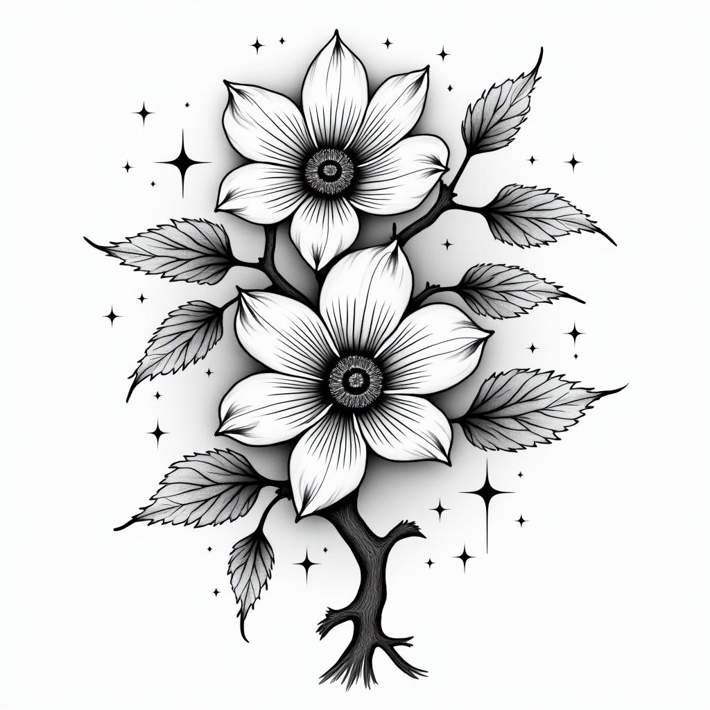 Two cherry blossomsin prophecy tattoo style, featuring mystical symbols, celestial imagery like stars, moons, suns, geometric patterns, foretelling elements, an eye of wisdom - Variation 2