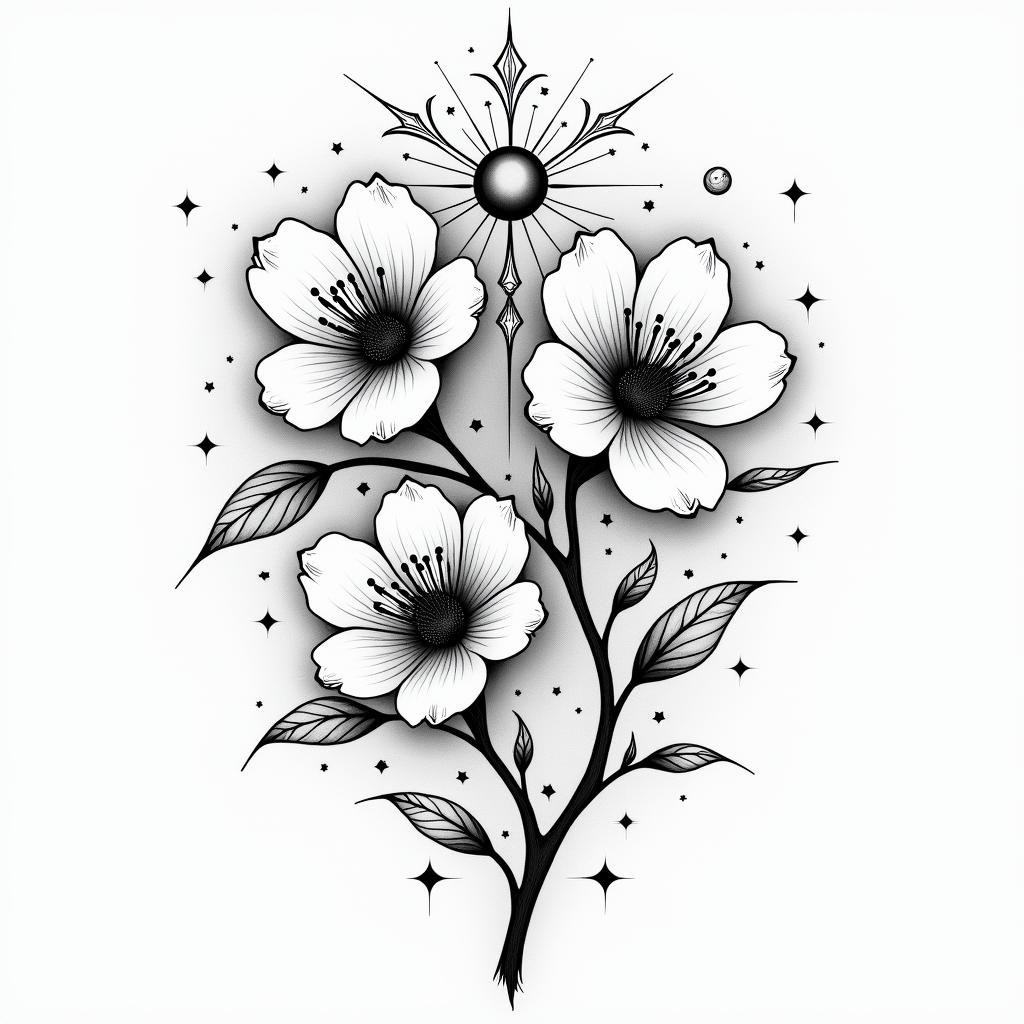 Two cherry blossomsin prophecy tattoo style, featuring mystical symbols, celestial imagery like stars, moons, suns, geometric patterns, foretelling elements, an eye of wisdom