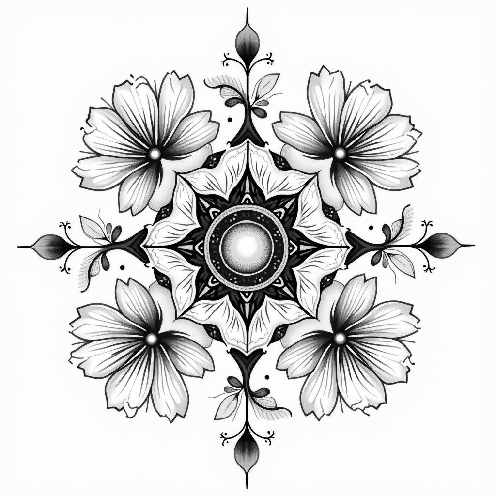Two cherry blossomsin prophecy tattoo style, featuring mystical symbols, celestial imagery like stars, moons, suns, geometric patterns, foretelling elements, an eye of wisdom - Variation 3