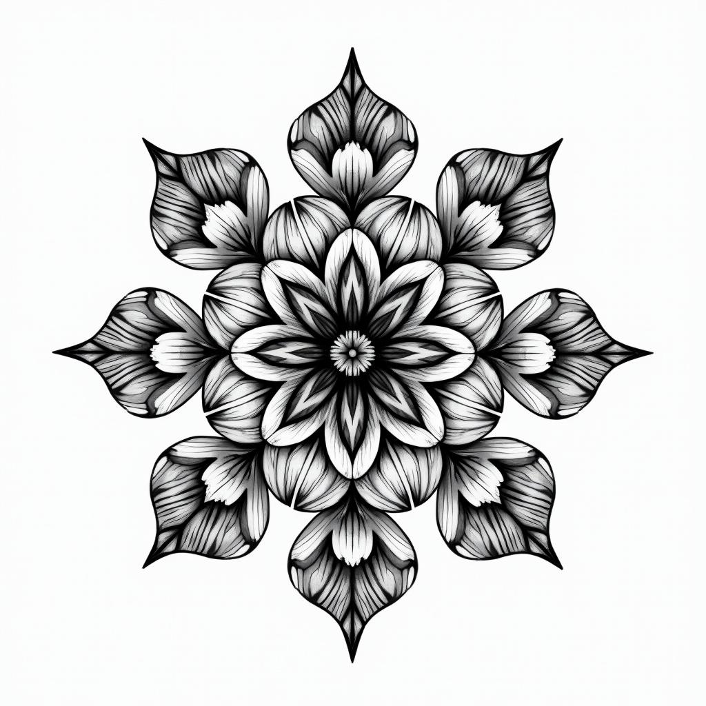 Floral 18 cm in geometric style tattoo, blending hexagons, mandala-inspired patterns, symmetrical and fractal design, clean lines, sharp angles - Variation 2