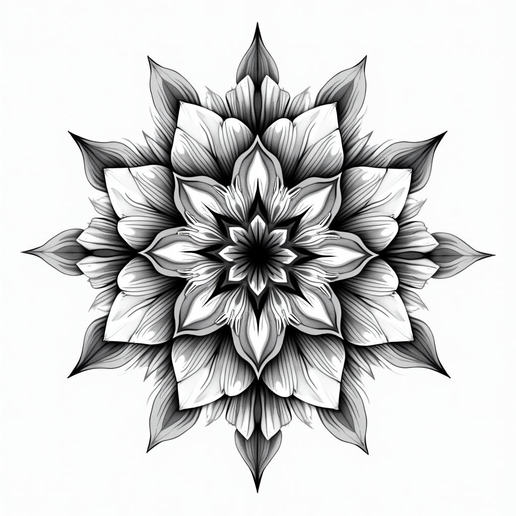 Floral 18 cm in geometric style tattoo, blending hexagons, mandala-inspired patterns, symmetrical and fractal design, clean lines, sharp angles - Variation 3