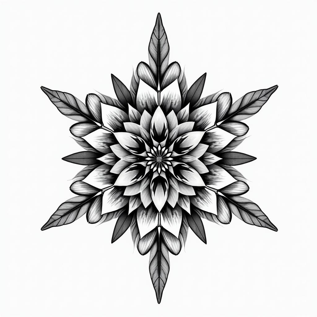 Floral 18 cm in geometric style tattoo, blending hexagons, mandala-inspired patterns, symmetrical and fractal design, clean lines, sharp angles