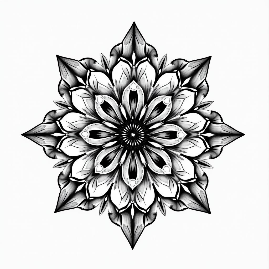 Floral 18 cm in geometric style tattoo, blending hexagons, mandala-inspired patterns, symmetrical and fractal design, clean lines, sharp angles - Variation 4