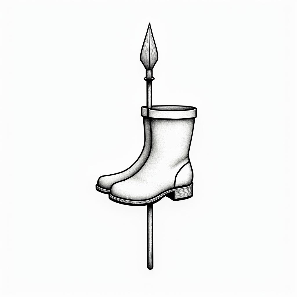 Rubber boots, shepard stickin minimalist style tattoo, featuring simple shapes and fine lines, with minimal shading and details, tiny triangles, creating a sense of balance and harmony - Variation 4