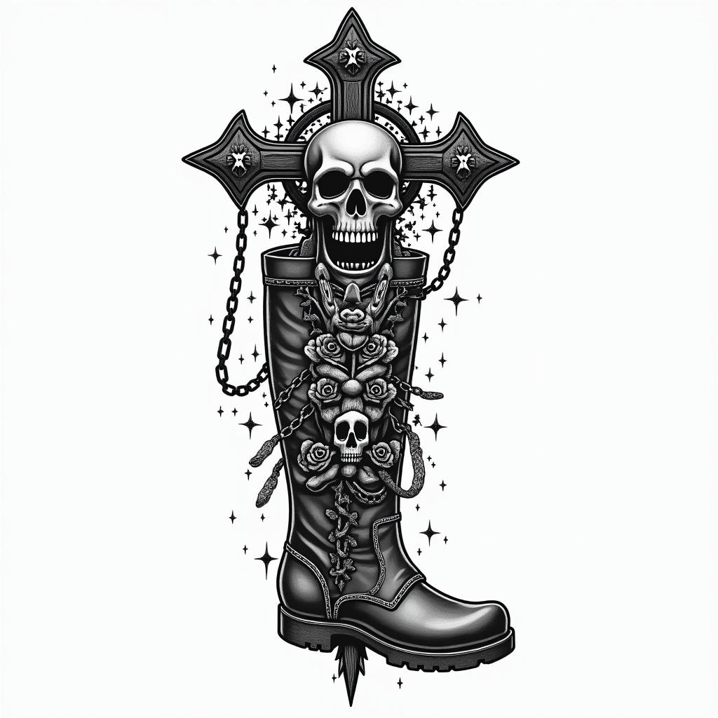Rubber boots, shepard stickin chicano style tattoo, featuring intricate black and grey shading, bold elements of traditional chicano culture symbols, add a big cross with skull, chains and roses - Variation 3