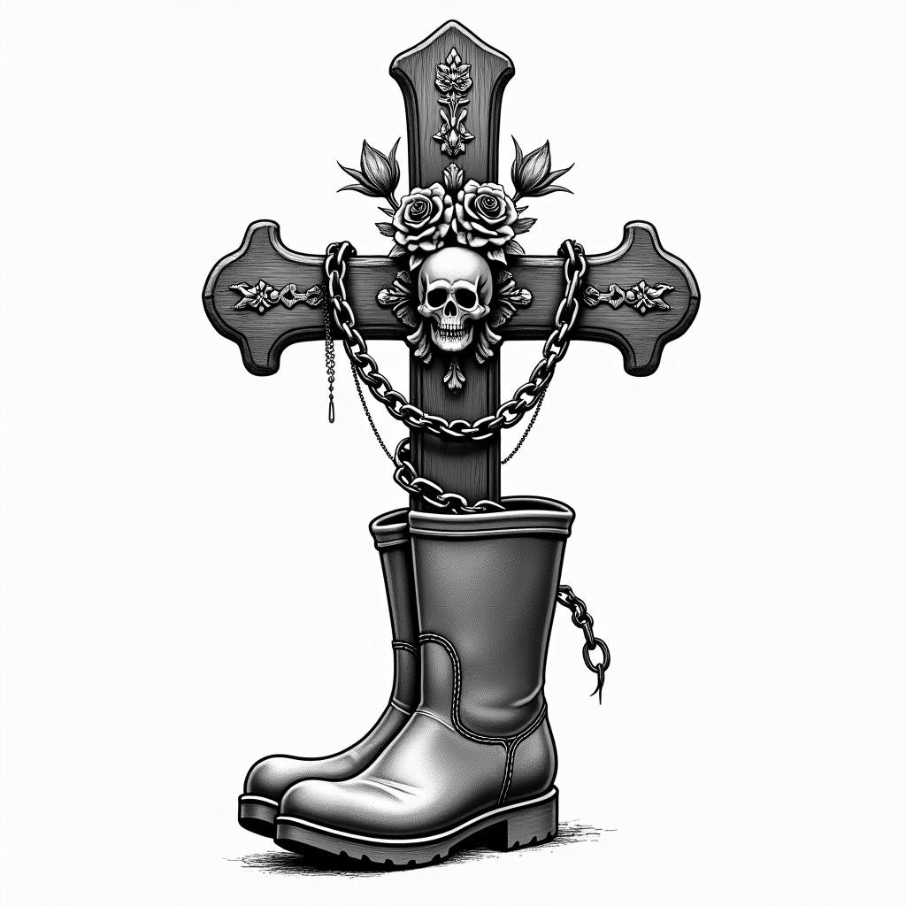 Rubber boots, shepard stickin chicano style tattoo, featuring intricate black and grey shading, bold elements of traditional chicano culture symbols, add a big cross with skull, chains and roses - Variation 2