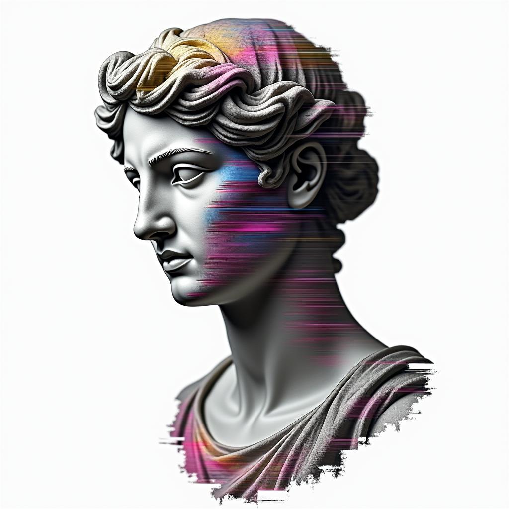 Canadain distorted and fragmented tattoo design, featuring a classical statue bust, in a glitch art style with vibrant, overlapping colors of cyan, magenta, and yellow, creating a digital distortion effect - Variation 3