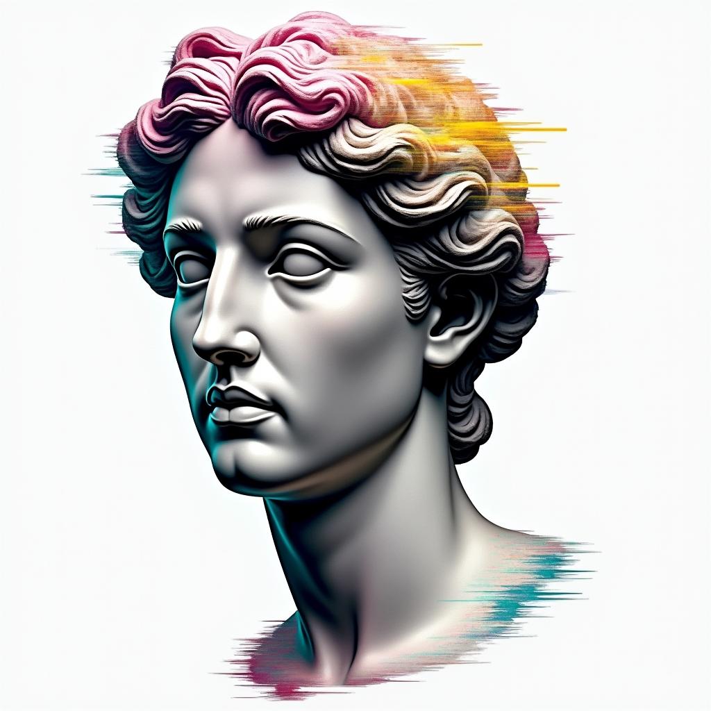 Canadain distorted and fragmented tattoo design, featuring a classical statue bust, in a glitch art style with vibrant, overlapping colors of cyan, magenta, and yellow, creating a digital distortion effect