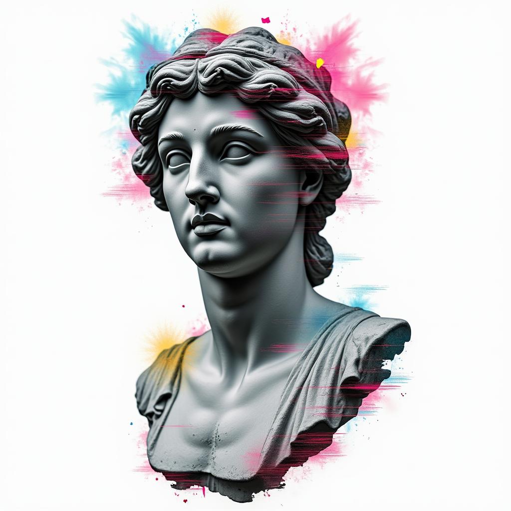 Canadain distorted and fragmented tattoo design, featuring a classical statue bust, in a glitch art style with vibrant, overlapping colors of cyan, magenta, and yellow, creating a digital distortion effect - Variation 4