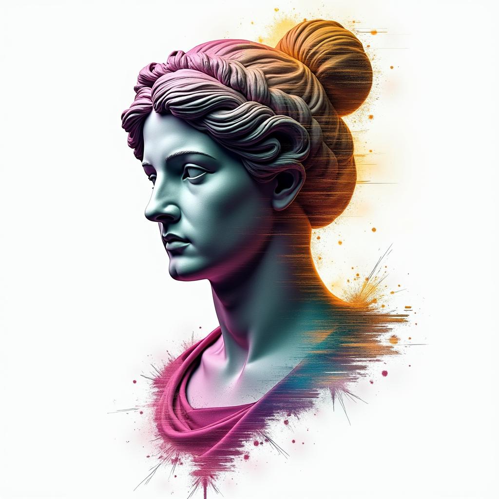 Canadain distorted and fragmented tattoo design, featuring a classical statue bust, in a glitch art style with vibrant, overlapping colors of cyan, magenta, and yellow, creating a digital distortion effect - Variation 2