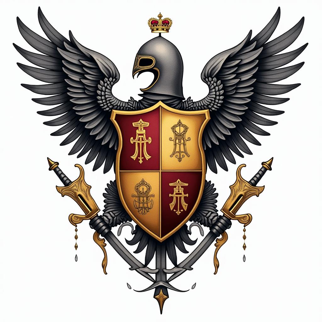 Crest, gold and red quadrants, knights helmet, wings, swordsin ornamental tattoo style, featuring intricate symmetrical patterns and floral designs, showcasing highly detailed line work and geometric shapes, creating a sense of elegance and balance - Variation 3