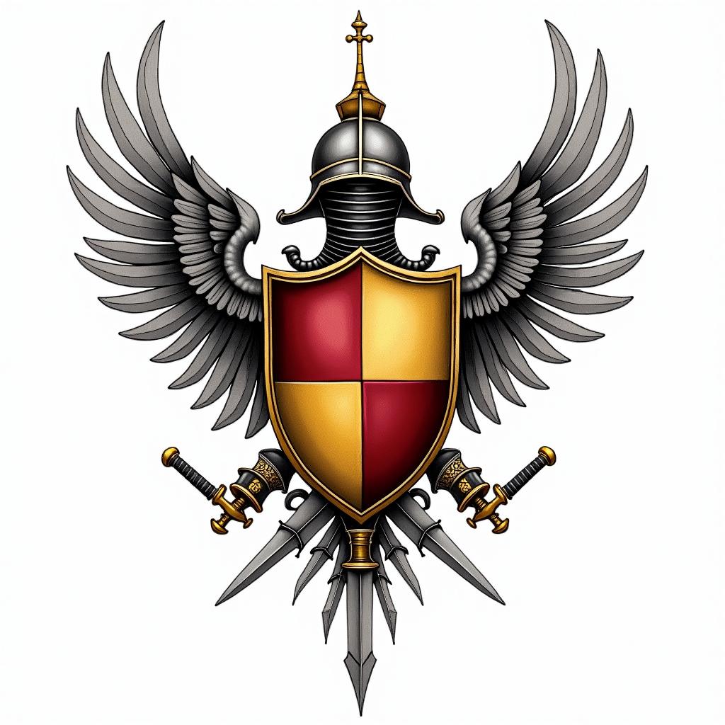 Crest, gold and red quadrants, knights helmet, wings, swordsin ornamental tattoo style, featuring intricate symmetrical patterns and floral designs, showcasing highly detailed line work and geometric shapes, creating a sense of elegance and balance - Variation 4