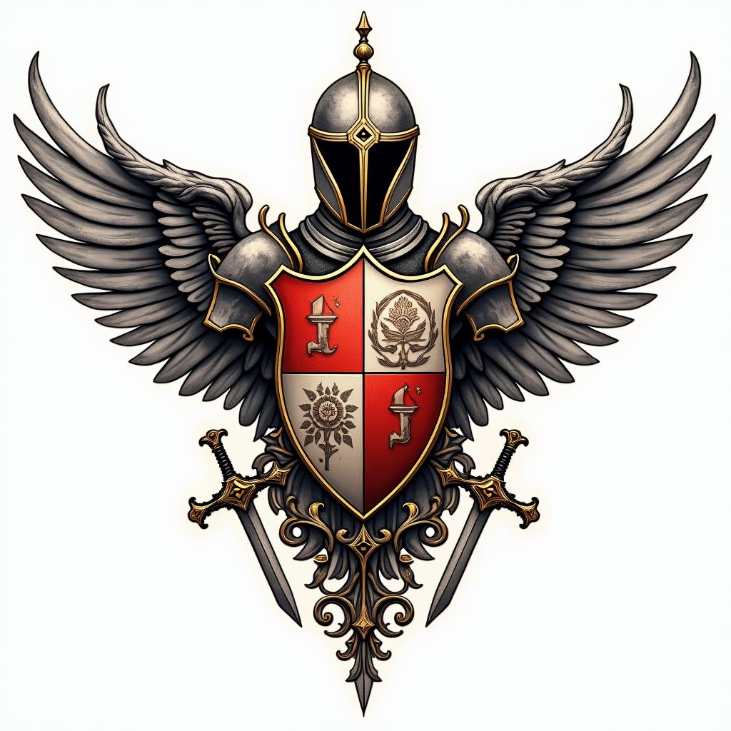 Crest, gold and red quadrants, knights helmet, wings, swordsin ornamental tattoo style, featuring intricate symmetrical patterns and floral designs, showcasing highly detailed line work and geometric shapes, creating a sense of elegance and balance