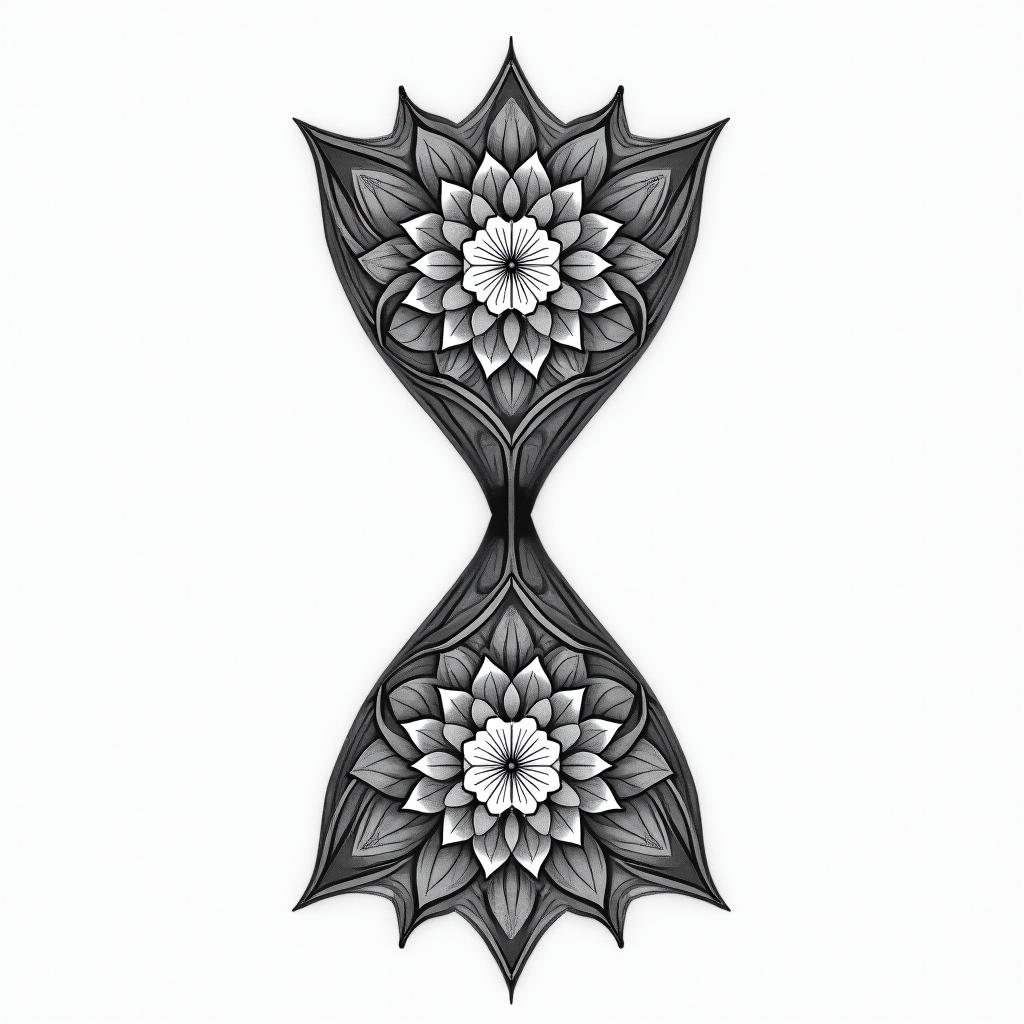 Hourglass, end in geometric style tattoo, blending hexagons, mandala-inspired patterns, symmetrical and fractal design, clean lines, sharp angles - Variation 4