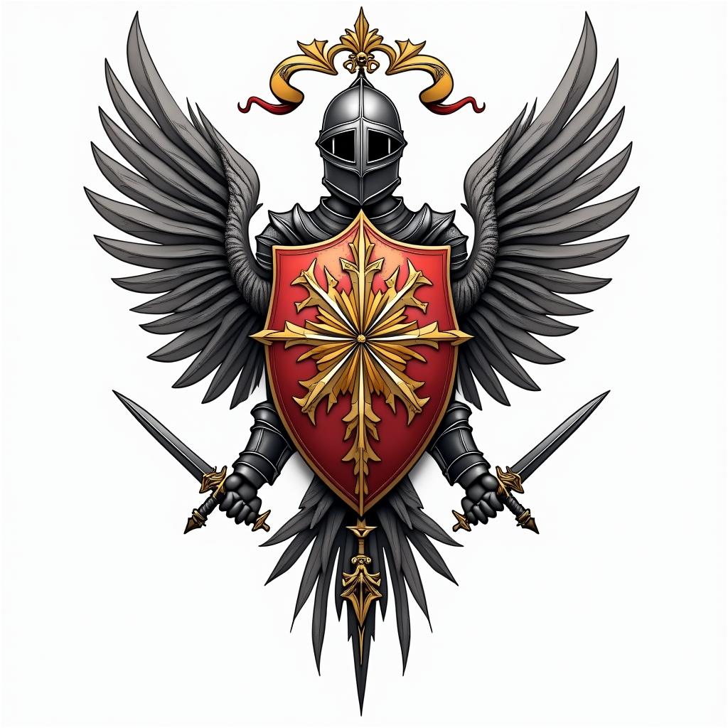 Crest, gold and red quadrants, knights helmet, wings, swords in geometric style tattoo, blending hexagons, mandala-inspired patterns, symmetrical and fractal design, clean lines, sharp angles - Variation 2
