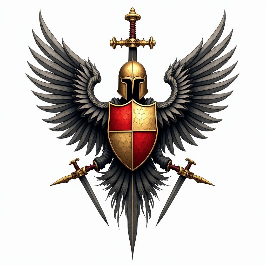 Crest, gold and red quadrants, knights helmet, wings, swords in geometric style tattoo, blending hexagons, mandala-inspired patterns, symmetrical and fractal design, clean lines, sharp angles
