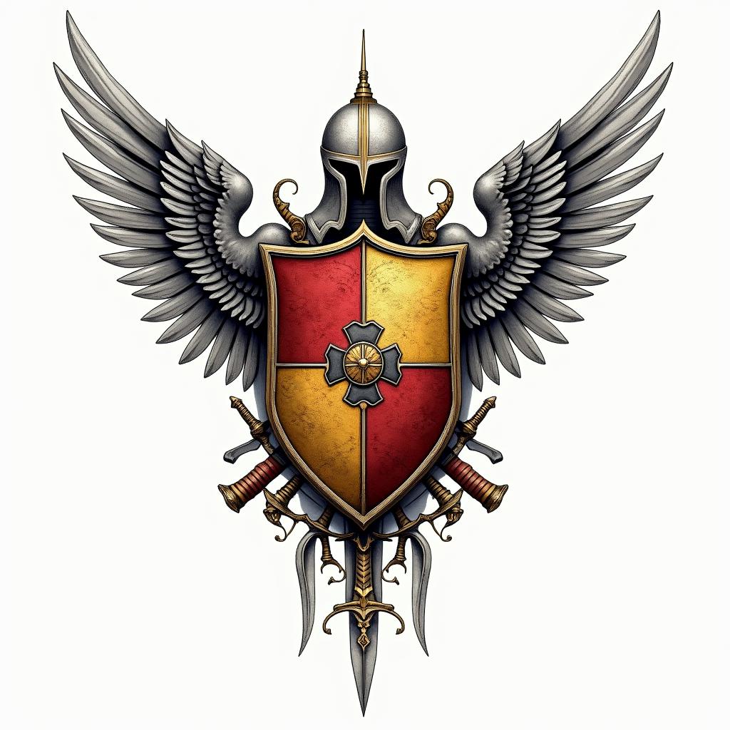 Crest, gold and red quadrants, knights helmet, wings, swords in geometric style tattoo, blending hexagons, mandala-inspired patterns, symmetrical and fractal design, clean lines, sharp angles - Variation 3