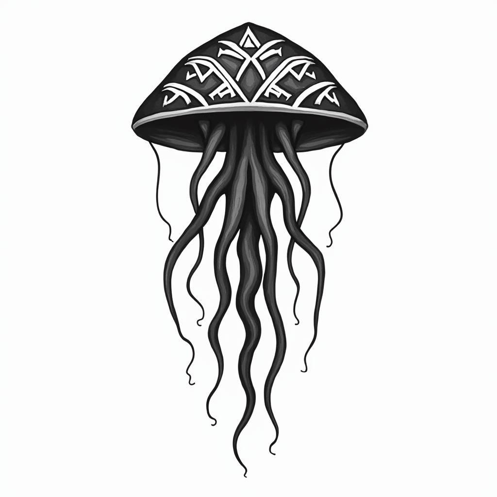 simplistic jellyfish, middle tail looks like vertebrae, with shorter wispier tentaclesin tribal tattoo style, featuring bold and black geometric shapes, curved lines, intertwine and flow seamlessly, creating a powerful and symbolic design, polynesian and maori styles - Variation 3