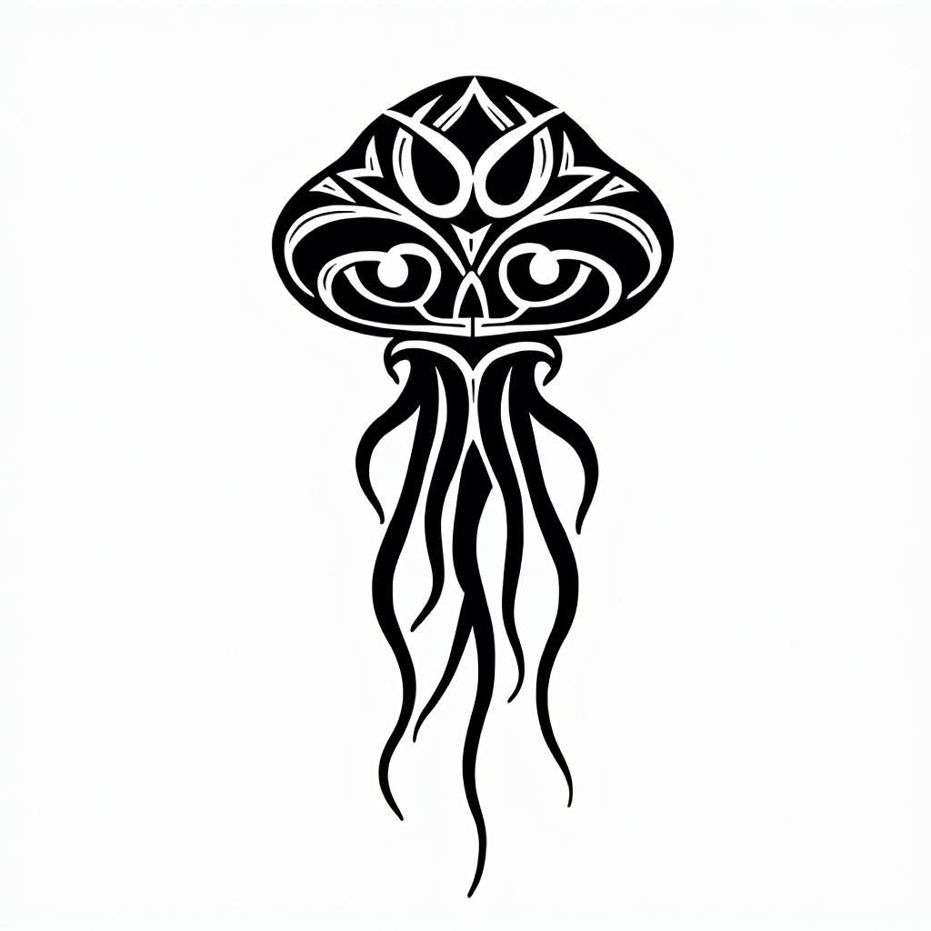simplistic jellyfish, middle tail looks like vertebrae, with shorter wispier tentaclesin tribal tattoo style, featuring bold and black geometric shapes, curved lines, intertwine and flow seamlessly, creating a powerful and symbolic design, polynesian and maori styles - Variation 2