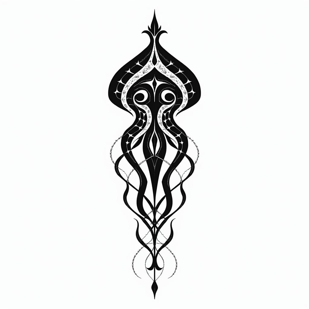 simplistic jellyfish, middle tail looks like vertebrae, with shorter wispier tentaclesin tribal tattoo style, featuring bold and black geometric shapes, curved lines, intertwine and flow seamlessly, creating a powerful and symbolic design, polynesian and maori styles