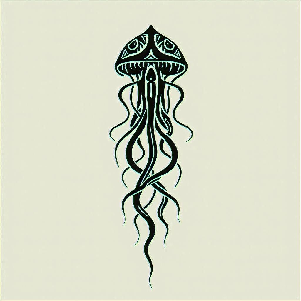 simplistic jellyfish, middle tail looks like vertebrae, with shorter wispier tentaclesin tribal tattoo style, featuring bold and black geometric shapes, curved lines, intertwine and flow seamlessly, creating a powerful and symbolic design, polynesian and maori styles - Variation 4