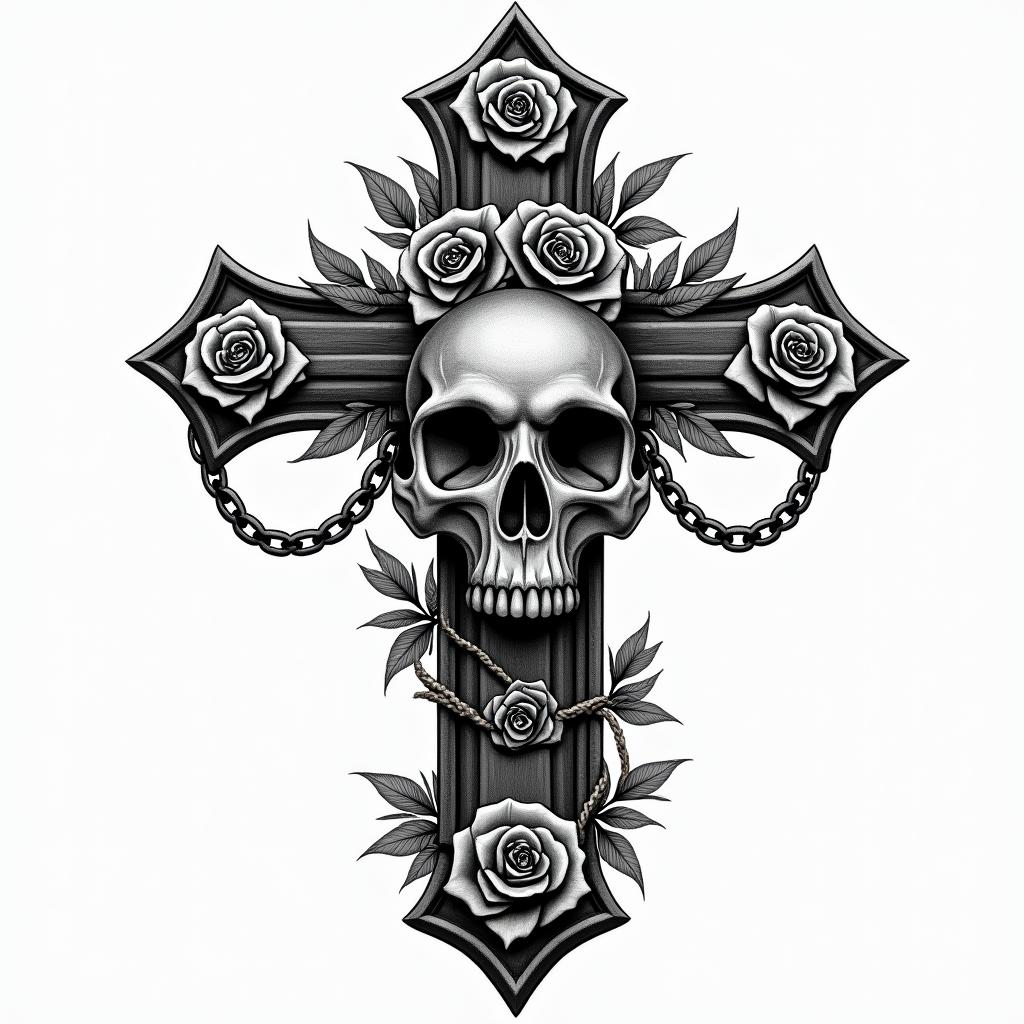 Indoraptorin chicano style tattoo, featuring intricate black and grey shading, bold elements of traditional chicano culture symbols, add a big cross with skull, chains and roses - Variation 4