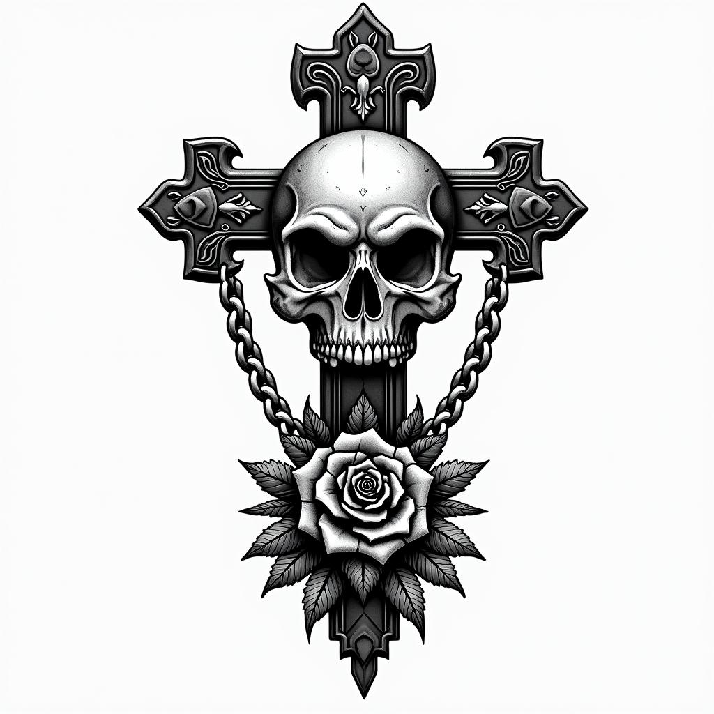 Indoraptorin chicano style tattoo, featuring intricate black and grey shading, bold elements of traditional chicano culture symbols, add a big cross with skull, chains and roses