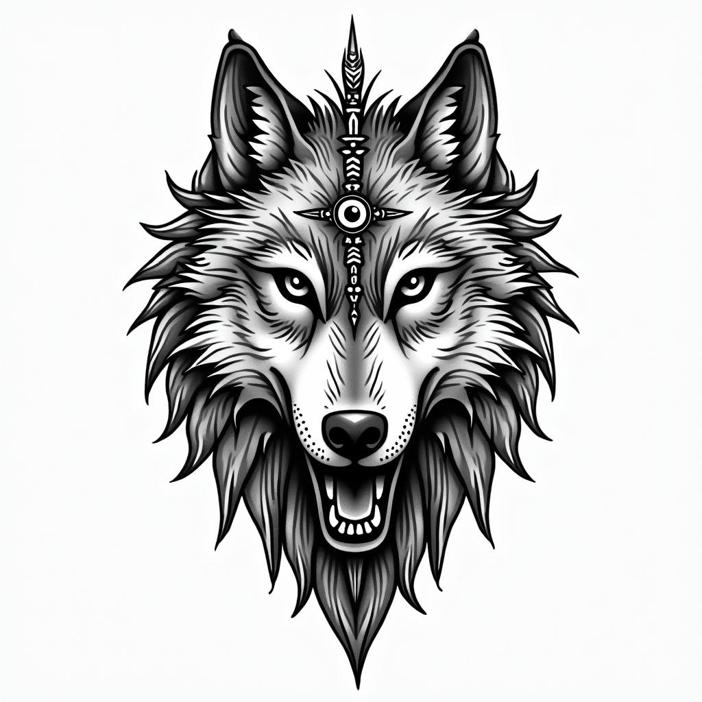 Half nord Warrior face and Wolf half face inside the shieldin spiritual symbols tattoo style, featuring an intricate design incorporating elements, Hamsa hand, third eye, minimalist composition