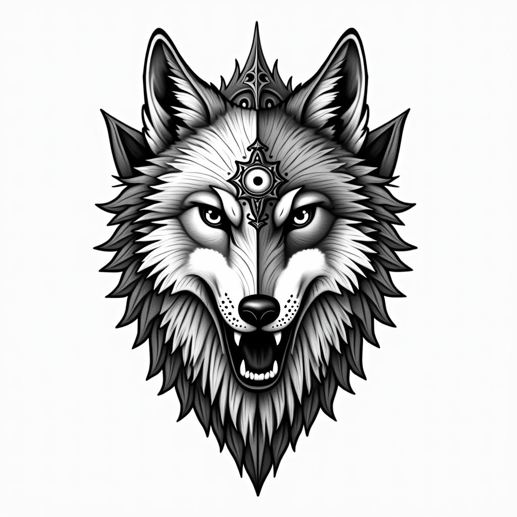 Half nord Warrior face and Wolf half face inside the shieldin spiritual symbols tattoo style, featuring an intricate design incorporating elements, Hamsa hand, third eye, minimalist composition - Variation 2