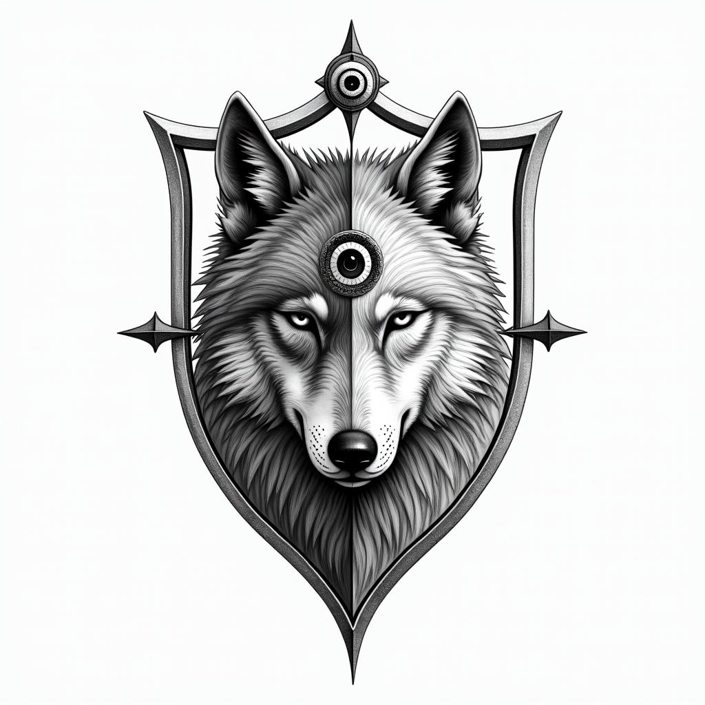 Half nord Warrior face and Wolf half face inside the shieldin spiritual symbols tattoo style, featuring an intricate design incorporating elements, Hamsa hand, third eye, minimalist composition - Variation 4