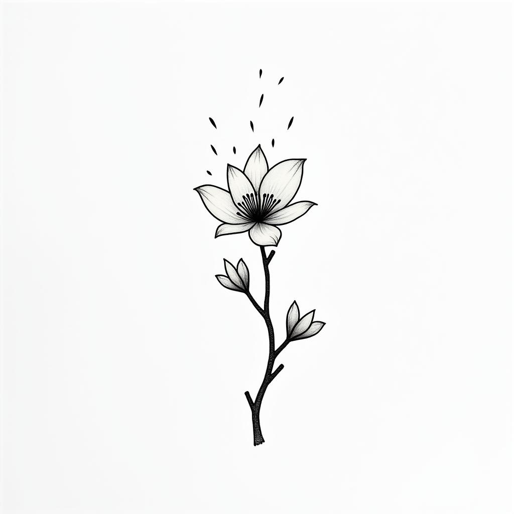 A branch with a cherry blossom with the name Salmain minimalist style tattoo, featuring simple shapes and fine lines, with minimal shading and details, tiny triangles, creating a sense of balance and harmony