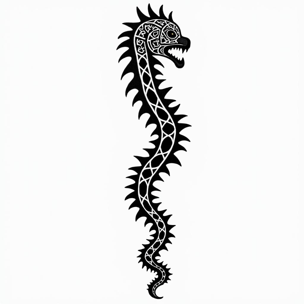 just a spinal columnin tribal tattoo style, featuring bold and black geometric shapes, curved lines, intertwine and flow seamlessly, creating a powerful and symbolic design, polynesian and maori styles