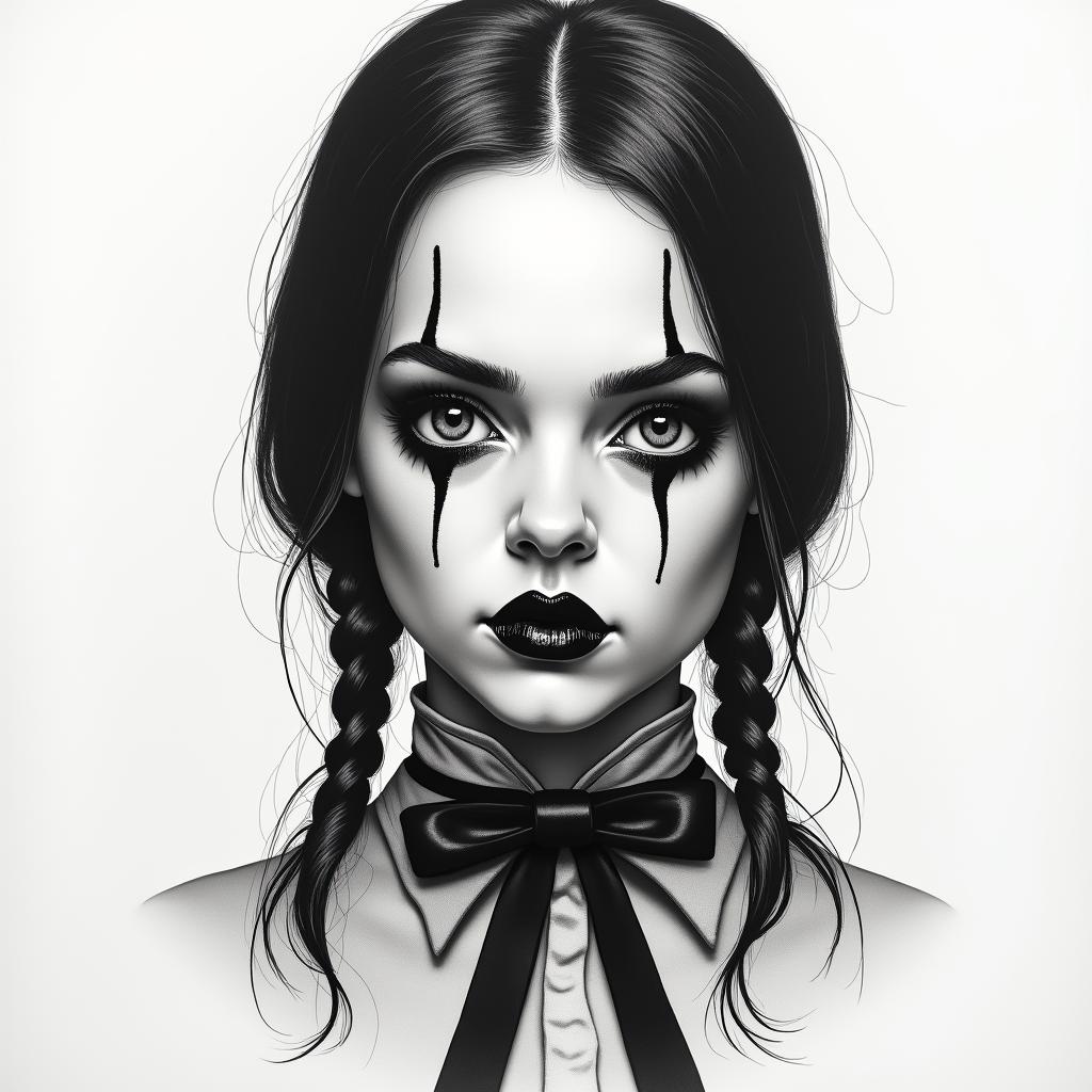 Wednesday Addamsin portrait tattoo style, featuring a highly realistic and detailed depiction 