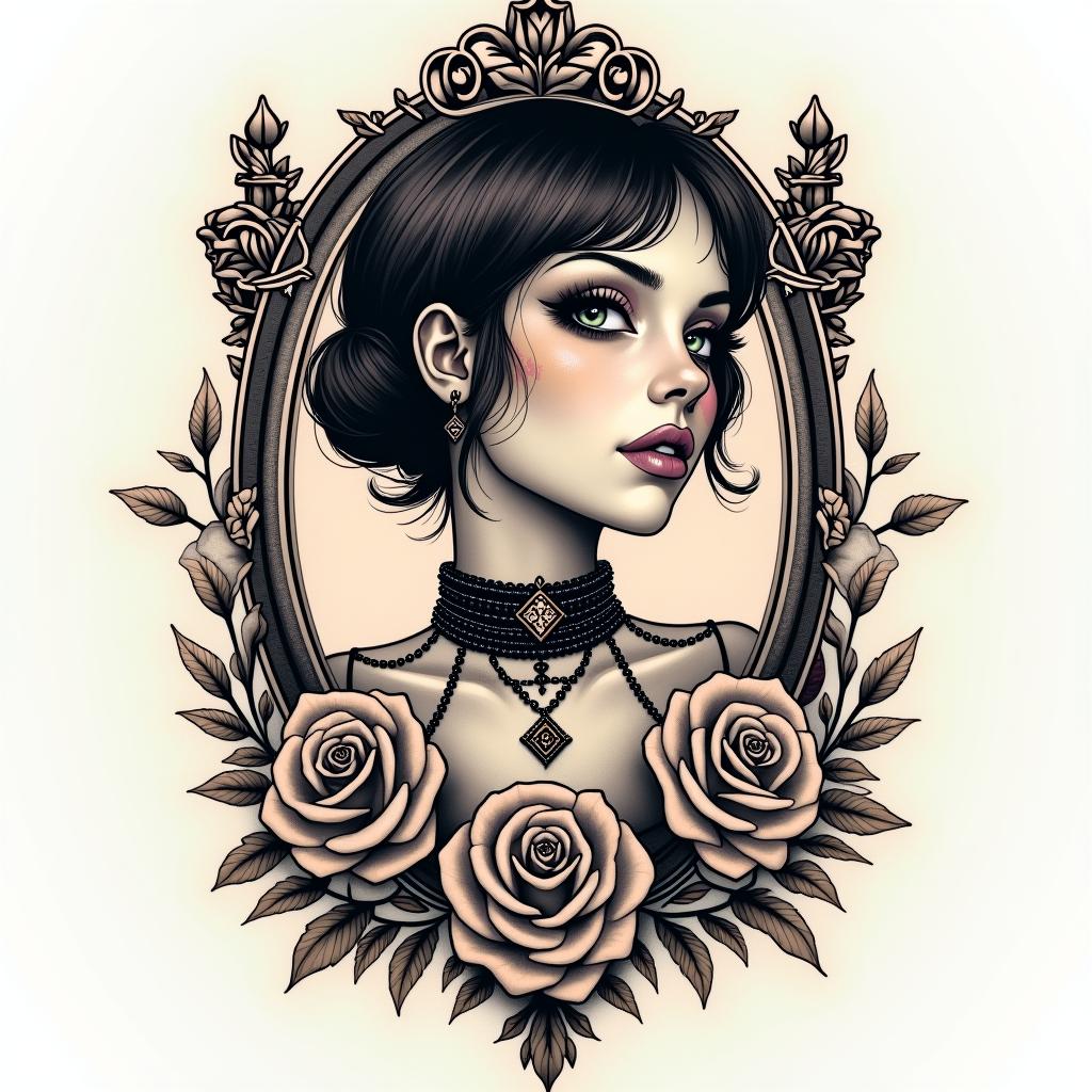 Futuristic cyberpunk girl with neon accentsin victorian style tattoo, featuring vintage and elegant elements, ornate frames, roses, antique, sepia-toned color scheme - Variation 11