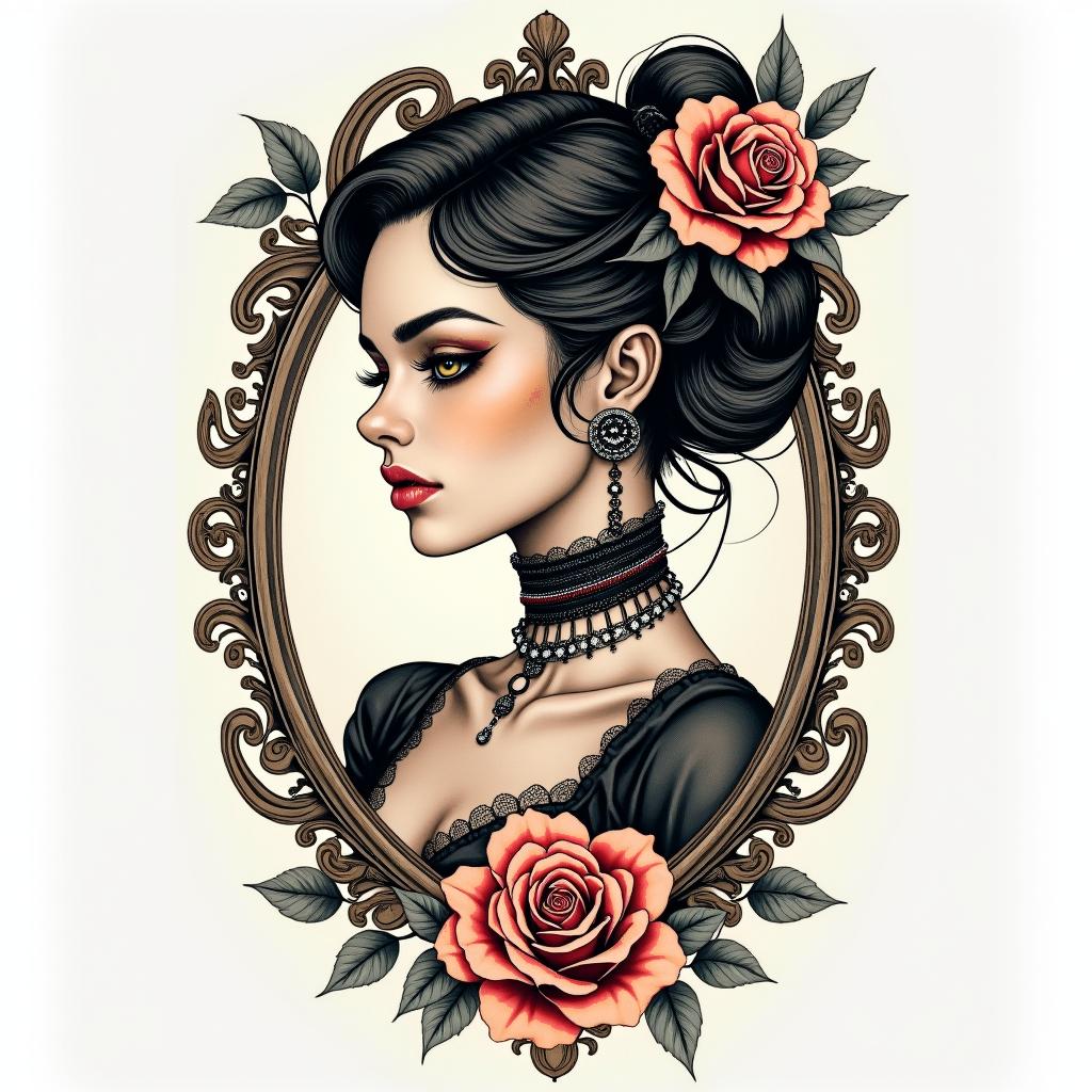 Futuristic cyberpunk girl with neon accentsin victorian style tattoo, featuring vintage and elegant elements, ornate frames, roses, antique, sepia-toned color scheme - Variation 12