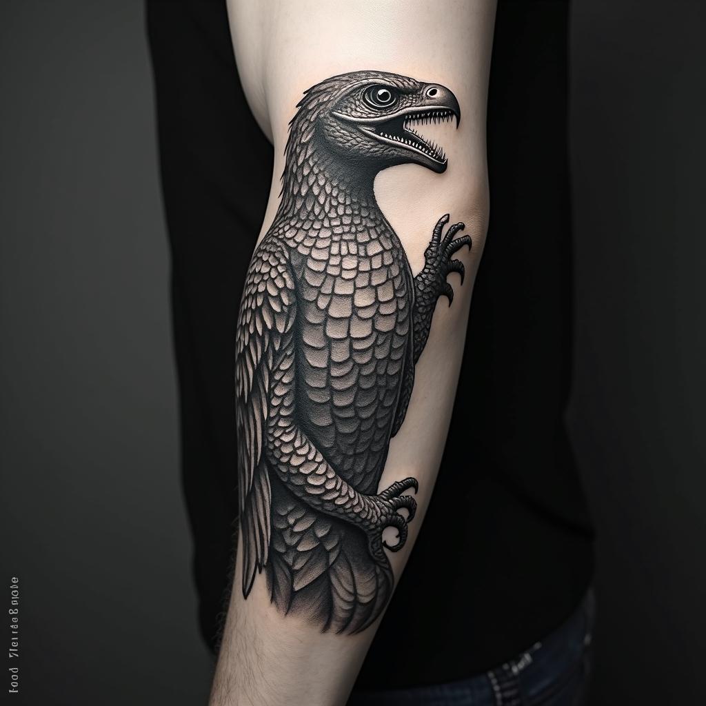 Raptorin realism tattoo style, featuring a highly detailed, lifelike, capturing every detail, photorealistic, ultra realistic, intricate shading, smooth and sharp, - Variation 3