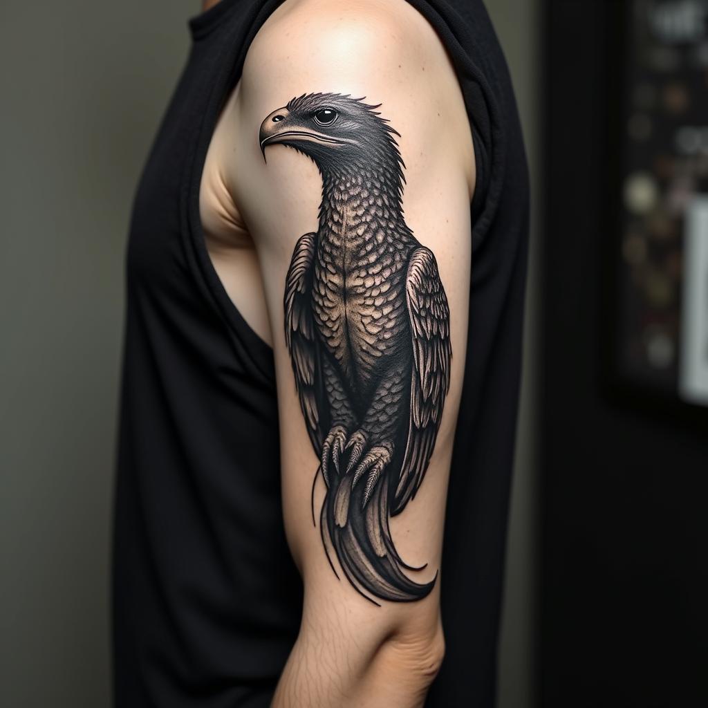 Raptorin realism tattoo style, featuring a highly detailed, lifelike, capturing every detail, photorealistic, ultra realistic, intricate shading, smooth and sharp, - Variation 4