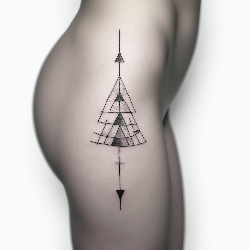 thigh side, modern, line tattoo, balance, with scalein minimalist style tattoo, featuring simple shapes and fine lines, with minimal shading and details, tiny triangles, creating a sense of balance and harmony